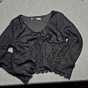 Astr The Label Black Smocked Tie Front Lace Blouse New No TAGS